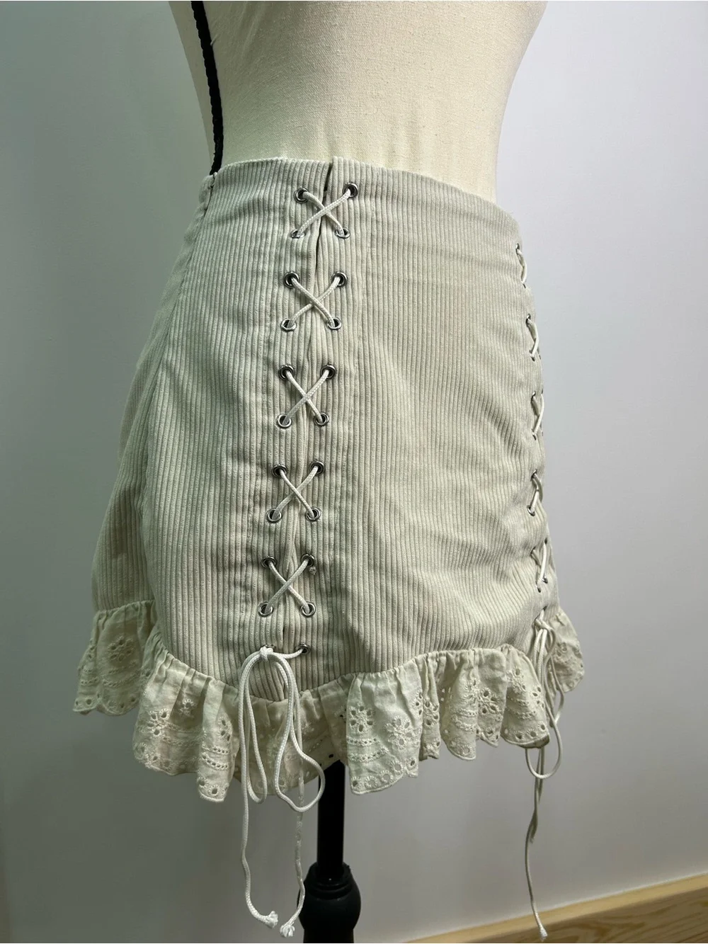 Coquette SHEIN Cream Tie-Up Corduroy Mini Skirt With Ruffles